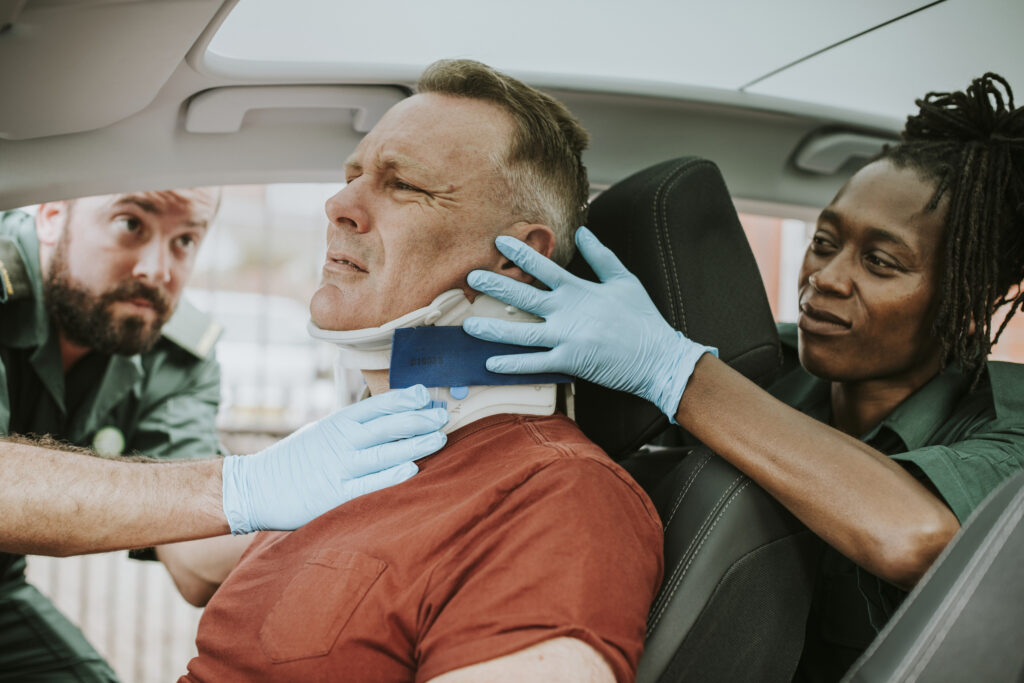 St. Louis neck injury Lawyers. Man in neck brace.