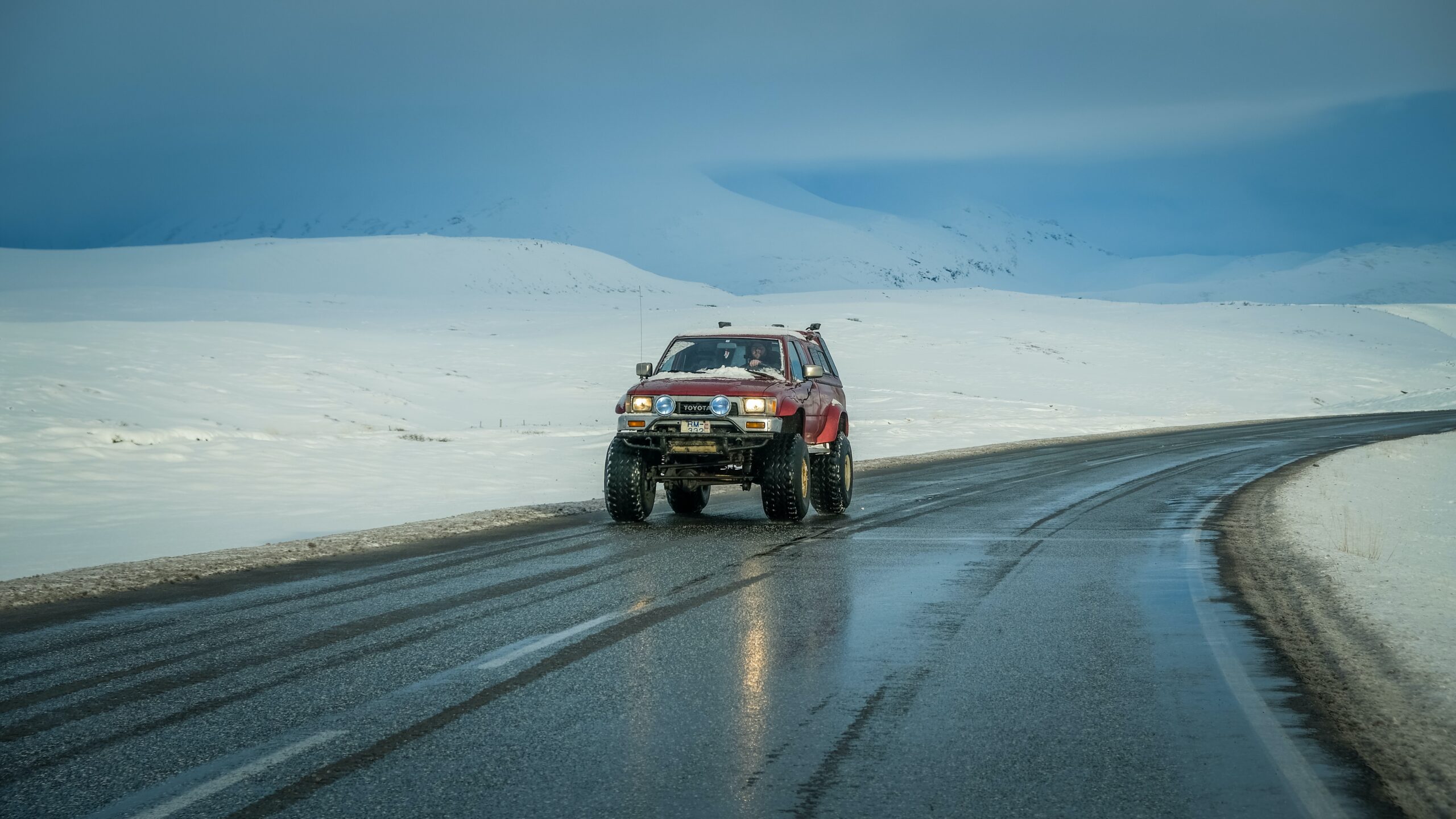 A car driving during the winter